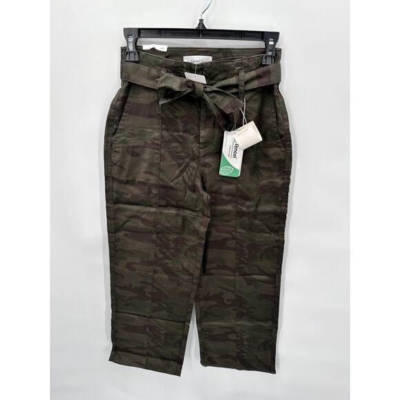 LEVEL99 NWT Bette Seamed Camo Tie Waist Straight Leg Linen Trouser Pants // 24 - Picture 4 of 13
